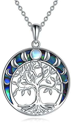 YAFEINI Baum des Lebens Kette 925 Sterling Silber Mondstein Keltischer Knoten Pentagramm Anhänger Halskette für Damen Schmuck