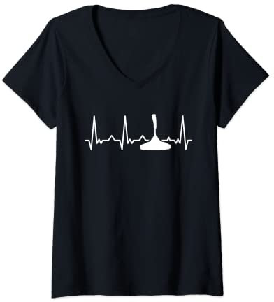 Damen Stockschießen Stockschütze Herzschlag Eisstock T-Shirt mit V-Ausschnitt