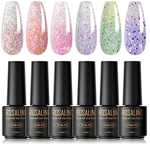 ROSALIND UV-nagellack, glitter, 6 färger mininagel UV gel termo UV-nagellack set termogel soak för gelnaglar, blöt av UV-gel, nagellack/lack för UV-lampa