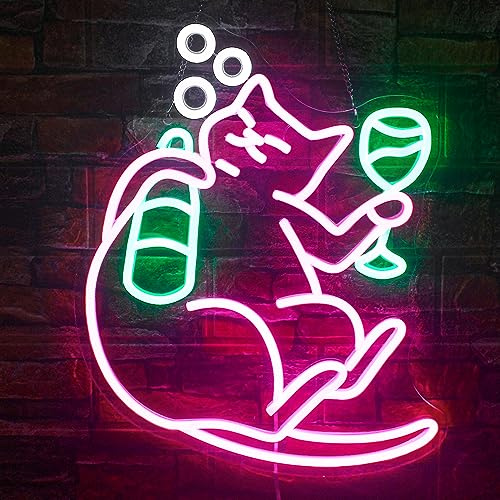 NOSUN Cat Beer Neon Sign Cat Funny Bar Neon Signs for Wall Decor with Dimmable Cat Light Sign Beer Led Sign Pink Animal Bar Light Up Signs for Bedroom Men Cave Home Birthday Party Home Decor