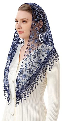 PAMOR Triangel spets slöja mantilla katedral huvud täckande kapell slöja för massbröllop brudtärnor, marinblå, one size