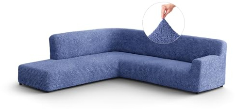 PAULATO - Ecksofa-Husse mit linker Halbinsel aus einfarbiger Mikrofaser (gesehen von vorne), bi-elastisches, kratzfestes und maschinenwaschbares Gewebe, patentierte Made in Italy - Blau