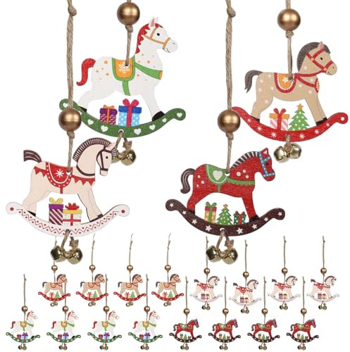 HAKOTOM 16 Stück Schaukelpferd Weihnachtsanhänger Holzpferd Anhänger | Weihnachten Holzanhänger Weihnachtsbaumschmuck für Weihnachtsbaum Hängende Christbaumschmuck Baumbehang Christbaumanhänger