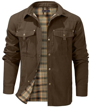 Mr.Stream herr rutig flanellfoder jacka skjortjacka övergångsjacka lätt ståkrage fältjacka cargo höstjacka snap western cowboy jackor, BRUN, XL