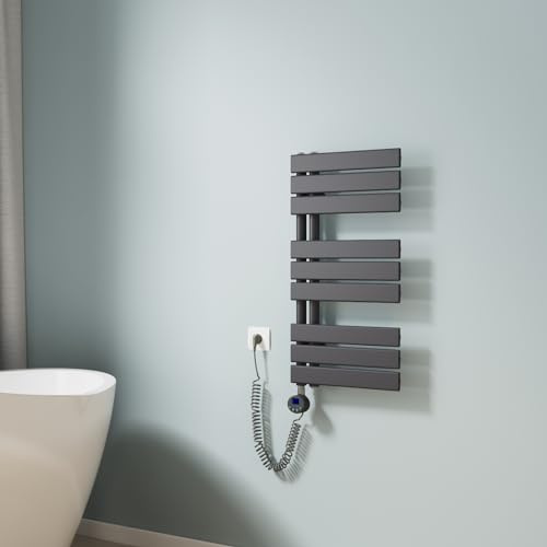 EMKE Handtuchheizkörper Elektrisch 762x400 mm, Flach Badheizkörper Handtuchhalter Elektrisch, Elektrischer Handtuchwärmer Handtuchtrockner Handtuchheizung mit Thermostat und Heizstab, 400W Anthrazit
