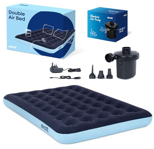 airzzZ Double Airbed With Pump - Inglatable Flocked Quick Inflation & Deflation Mattress - Comfortable Perfect For Camping,Hiking, Caravan, Guest Bed - Waterproof Portable (Double + AC Pump)