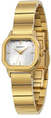 BERNY Dam Guldklocka Fyrkantiga Klockor för Dam 3ATM Vattentät Analog Quartz Klocka Rostfritt Stål Klocka Band Elegant Liten Armbandsur