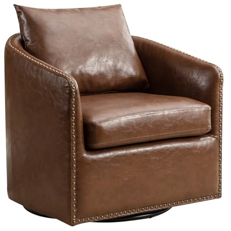 HAOMARKETS 360 Degree Swivel Barrel Chair with Plump Back Pillow, Waterproof Oil Waxed PU Leather Swivel Armchair with Rivets, Comfy Vintage Round Accent Chair for Living Room