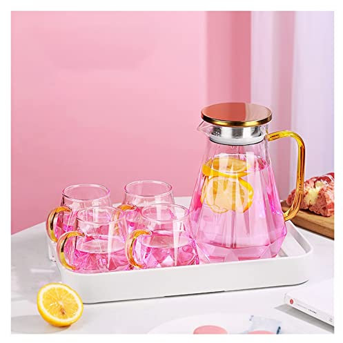Carafe Eau Creative Glass Water Kettle Set apporte un plateau de tasse 1500ml Pitchers claire Pichet Fleur de la fleur de fruits de fruits de fruits de l'après-midi Teatime boissons Pichet à Thé Glacé