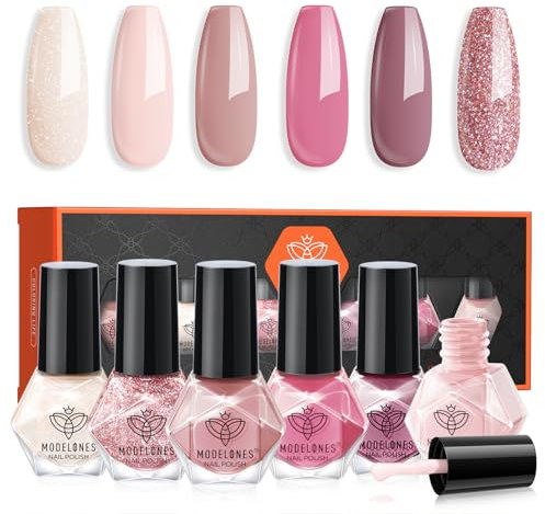 MODELONES Schnelltrocknender Nagellack 6 PCS - Nude Rosa Glitzer, Ungiftig Auf Wasserbasis, Langanhaltend für DIY Maniküre Salon Geschenk