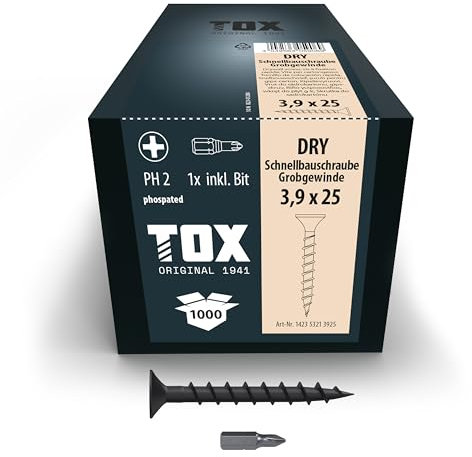 TOX Schnellbauschrauben DRY FG 3,9 x 25 mm, Schrauben schwarz phosphatiert mit Trompetenkopf + Feingewinde, Gipskartonplatte auf Metall-Unterkonstruktion, PH2, 1000 Stück, inkl. 1x Bit, 142453213925