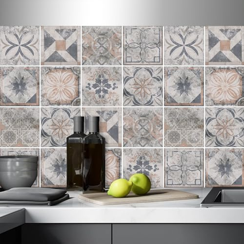AREDE 32 x Feuilles Mural Stickers Carrelage 2D Imperméables Carreau de Ciment Adhesif, Autocollants Carreaux Dosseret pour Cuisine, Salle de Bain la Décoration à la Maison / 15 x 15 cm / T1064