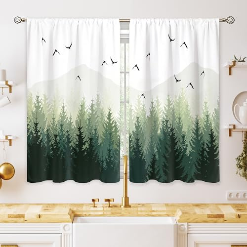 oolygoo Green Misty Forest Small Kitchen Curtains Nature Window Treatment Tree Woodland Rod Pocket Cafe Short Curtains for Bathroom Dining Laundry Room Mountain Tier Treatment Drapes 26x36 inch