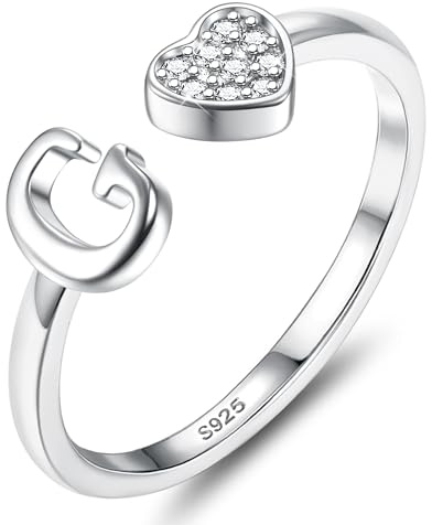 JeweBella Anelli Donna Argento 925 con Iniziale A-Z Anello Cuore Regolabili Anello di Promessa Anello Fidanzamento FEDI Nuziali Anelli Mignolo Anelli Pollice Donna Ragazza Gioielli con Scatola Regalo