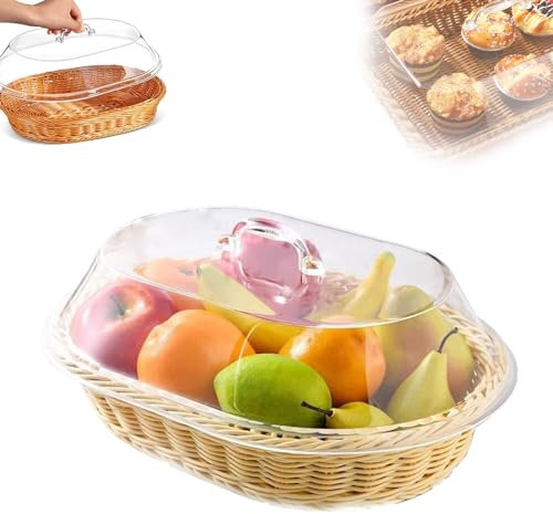 Wicker Basket with Acrylic Lid Woven Storage Basket for Serving Food and Bread Rattan Vegetable Basket with Lid Beige Color