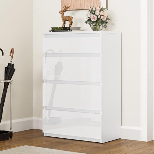 YITAHOME Kommode aus Holz, Kommode Schlafzimmer, zeitgenössischer Hochglanz, 4 Schubladen, Schlafzimmermöbel, Schlafzimmeraufbewahrungseinheit, Schiebeschubladen, 92 x 33 x 60 cm (Weiss)