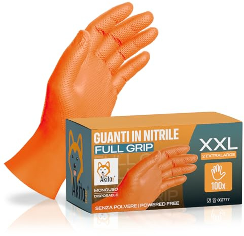 AKITAInk 100 Guanti Nitrile Diamond 8,5g Extra Resistenti - Full Grip con Finitura Diamantata, Heavy Duty, Guanti da lavoro aderenti e antiscivolo – 2 Confezioni da 50 PZ Totale 100 PZ (XXL)