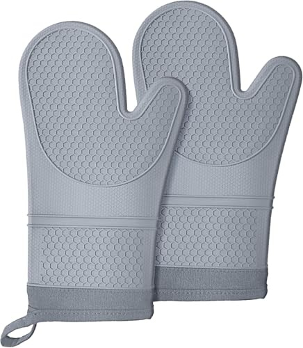Lazebox Extra lange Silikon-Ofenhandschuhe, hitze- und rutschfest, mit weichem Baumwollfutter, rutschfester, strukturierter Griff, lange, flexible, dicke Handschuhe zum Grillen, Backen, Kochen, 32 cm,