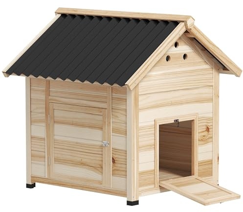 PawHut Wooden Duck House, Raised Chicken Coop with Double Doors, Poultry Coop with Openable Roof, Ventilation Holes, Removable Base, Natural Wood Finish