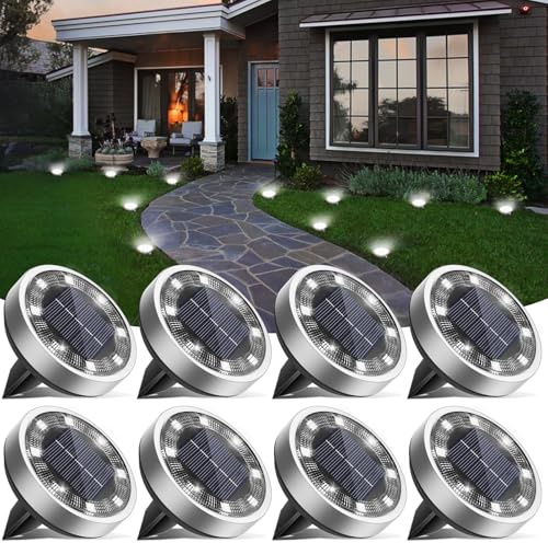 vighep Solar Lights Outdoor Garden, 8 Pack Super Bright Led Solar Ground Lights, IP65 Waterproof Disk Light, Flat Pathway Lighting for Garden Lawn Patio Deck Walkway Landscape-Cold White