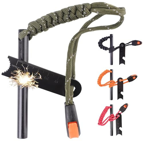 Ferro Rod Fire Starter Flint Fire Starter Survival Tool Flint and Steel Fire Starter Kit 6-in-1, Portable Ferro Rod Striker with Paracord Handlead for Campfires Emergency (4Pcs Fire Starter)