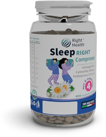 SLEEP RIGHT: 480 compresse Valeriana, Ashwagandha 5% Withanolidi, Camomilla e Melissa. Integratore per sonno, stress e ansia. Rilassamento naturale per 4 mesi. Senza Glutine, Lattosio.