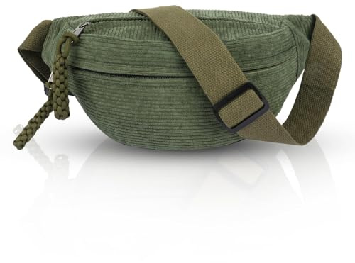 Maxmoc Bauchtasche Cord, Crossbody Bag, Umhängetasche für Damen Herren | Grün Modische Gürteltasche mit Schultergurt Einstellbar für Outdoor Sport, Reise, Schule, Arbeit