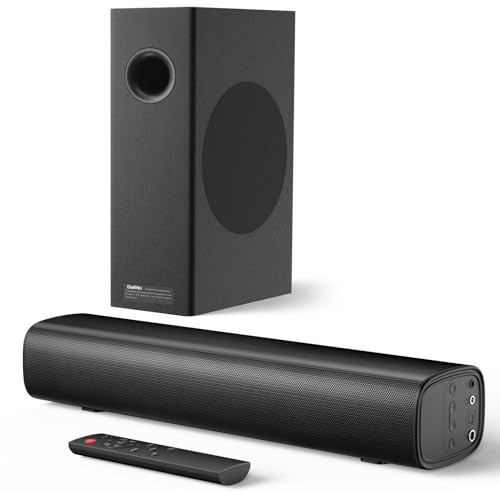 Saiyin Barra de sonido con subwoofers de 4 pulgadas – Subwoofer de borde redondeado de 70 W y barra de sonido compacta para TV, sistema de sonido envolvente mejorado de audio 2.1 para TV, conexión