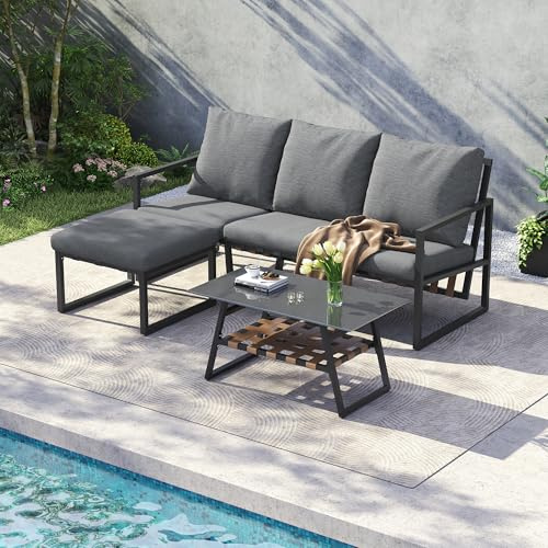 Merax Gartenmöbel Set, Balkonmöbel aus Verzinkter Stahlrohr, mit Couchtisch, Terrassenmöbel mit Fußhocker, Glastischplatte, für Terrasse, Garten und Balkon, Grau