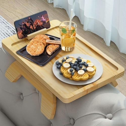Suzmei Natural Pine Sofa Arm Tray Table with Rotating Mobile Holder, Foldable Clip-On Sofa Tray for Eating & Drinking