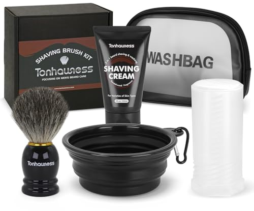 Kit de brosses de rasage de voyage pour homme, 5 en 1 avec brosse de rasage en poils de blaireau, étui à blaireau, crème à raser, bol de rasage pliable et trousse de toilette pour voyage, vacances