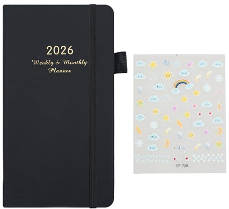 Wochenplaner A5 1 Woche 2 Seiten mit 1 Dekorativen Aufklebern, Kalender 2026 18 x 9.8 cm, Buchkalender mit PU-Leder Hardcover, Terminplaner Schwarz für Lehrer, Schüler, Büro