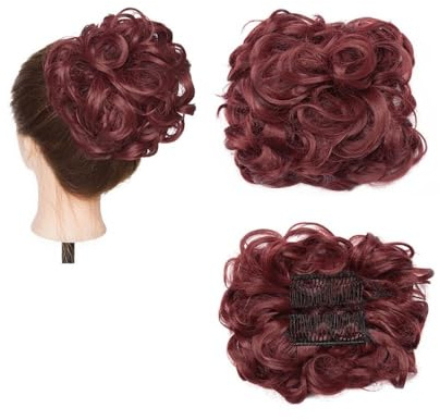 jianjunchaling syntetisk stor kamklämma i lockigt hårförlängning, chignon-hårdelar, hög stickning, lock, hårdel, förlängning, hårknut hår ponytail för kvinnor flickor (vinröd