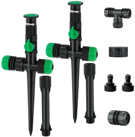 RESTMO Pack de 2 aspersores flexibles para riego por encima del suelo, con manguera de jardín de 10 m, ideal para regar plantas y parterres, color verde