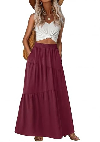 GRECERELLE Dam sommar lång hög midja boho-kjolar dam vardaglig maxi vardaglig elastisk elegant blommig A-linjekjol med fickor för kvinnor UK, Vinröd, M