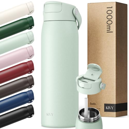 KIVY Borraccia in acciaio inox con cannuccia 1 l – 24 h freddo | 12 h caldo – a prova di perdite e lavabile in lavastoviglie – borraccia isolata 1 l sport – thermos – borraccia in acciaio inox