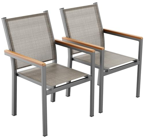 LIFERUN Trädgårdsstol set om 2, aluminium, stapelbar matrumsstol textilen, WPC-ledstång, balkongstol, för terrass, balkong, terrass, pool, restauranger, väderbeständig, linnebrun, 2 st