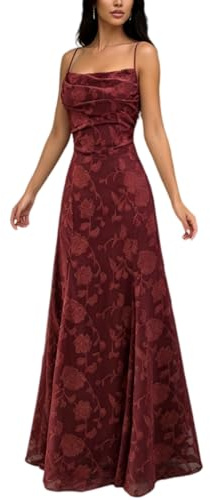 Generico Vestito da Dama d'Onore in Pizzo Jacquard Floreale, Abito Lungo Senza Maniche con Schiena Scoperta e Lacci per Matrimonio e Ballo (M,Borgogna)