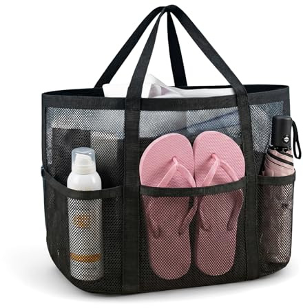 flintronic Sac de Plage Grand, Sa-c en Main en Maille, S-ac en Filet Imperméable, Sac de Piscine avec Fermeture à Glissière, Sacs a Cabas pour Plage Plusieurs Poches, pour Plage, Pique-nique, Piscine
