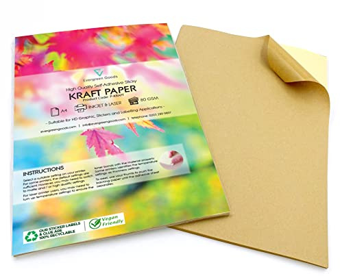 Evergreen Goods Ltd DIN A4 Matt Selbstklebend Aufkleberpapier | 30 Blatt | Kraftpapier | Inkjet- und Laserdruckerpapier | Bedruckbar für Bastelarbeiten, Etiketten, Dekoration und Druck