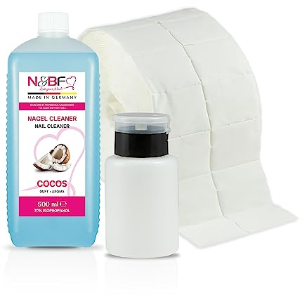 N&BF Nagel Cleaner Set mit Duft 500ml + Dispenser Pumpflasche Schwarz 150ml + 1000 Zelletten Cellulose Pads (2 Rollen à 500 Stück) - 70% Isopropanol-Alkohol – für Gelnägel – Nagelreiniger (Kokosnuss)