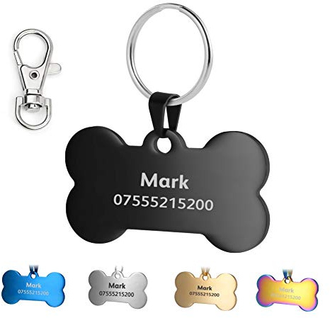 Hundemarke mit Gravur,ID Tag für Hunde und Katzen,Rostfreier Stah Knochen Rundes Rechteck Herzform 5 Farben (Knochen, Schwarz)