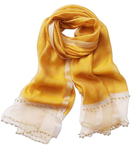 LumiSyne Frühling Seiden Chiffon Schal Damen Einfarbiger Halstücher Mode Seide Mit Tüll Perlen Dekoration Langer Seidentuch Sonnenschutz Schals Tücher Stola