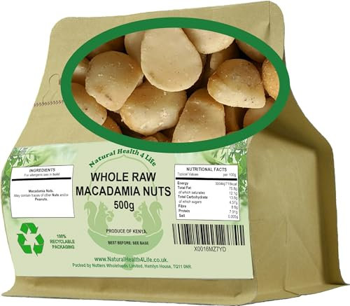 Natural Health 4 Life Macadamia Nuts 500g – Whole Raw Unsalted Nuts – High Fibre and Protein, Vegan & Keto-Friendly Snack in Resealable Kraft Pouch (1 Pouch)
