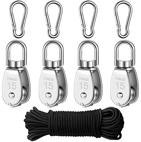 Poulie en Acier Inoxydable,Poulie simple en acier inoxydable,Poulie pour cable,M15 Poulie en Acier Inox 304,Poulie de Levage,Poulie à Crochet,Pivotant à Poulie Simple,Crochet à Poulie Simple(4 Pièces)