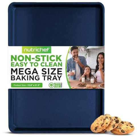 NutriChef Non-Stick XL Cookie Sheet Pan for Baking - Premium Extra Large Carbon Steel Baking Tray - 55.6 x 39.4 cm for Cookies, Jelly Rolls, Pastries, & More - Blue Diamond
