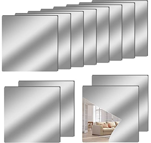 Chuangyinggo 12 x 12 Acrylic Flexible Mirror Sheets, 12 Pack Self-Adhesive Mirror Tiles, Square Cuttable Wall Stickers, Non-Glass, Safety Reflective for DIY Craft Home Wall Decor