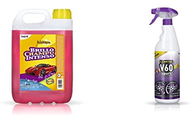 Sisbrill Champú Brillo Intenso Ultraconcentrado 1:1000 Limpiador de Coches, pH Neutro y Seguro 5 litros + V60 Sport Limpia Llantas Sin Frotar Neutro y Seguro 1 Litro