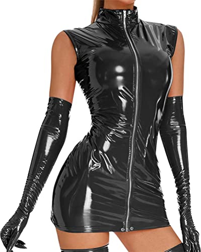 ORANDESIGNE Damen Bodysuit Zipper ReizwäSche Sexy Offener Schritt Lack Leder FüR Sex Erotische UnterwäSche Mit Tanga Dessous Set Babydoll Latex Sissy Obsessive Body Provocative