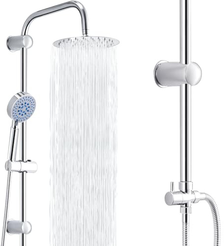Trintion Shower Set Mixer Shower Set with Overhead Rain Shower Mixer Wall Mounted Adjustable Temperature Twin Head Shower System (10 Inches Round)